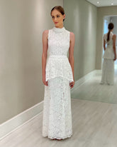 Elegant White Lace High-Neck Suit Sleeveless Floor-Length Mother of the Bride Dress With Slit